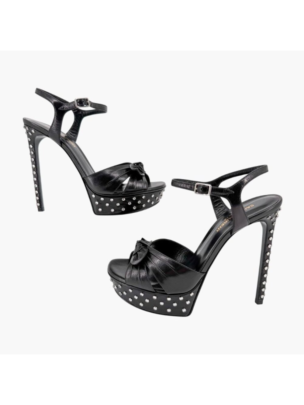 Saint Laurent Crystal Platform Sandals Heels Black Leather Size 39.5 US 9.5 Bow - Picture 9 of 16